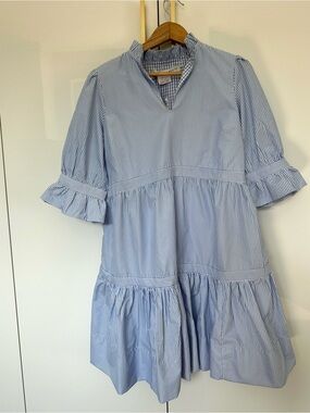 Gretchen Scott blue striped ruffle dress Medium NWT